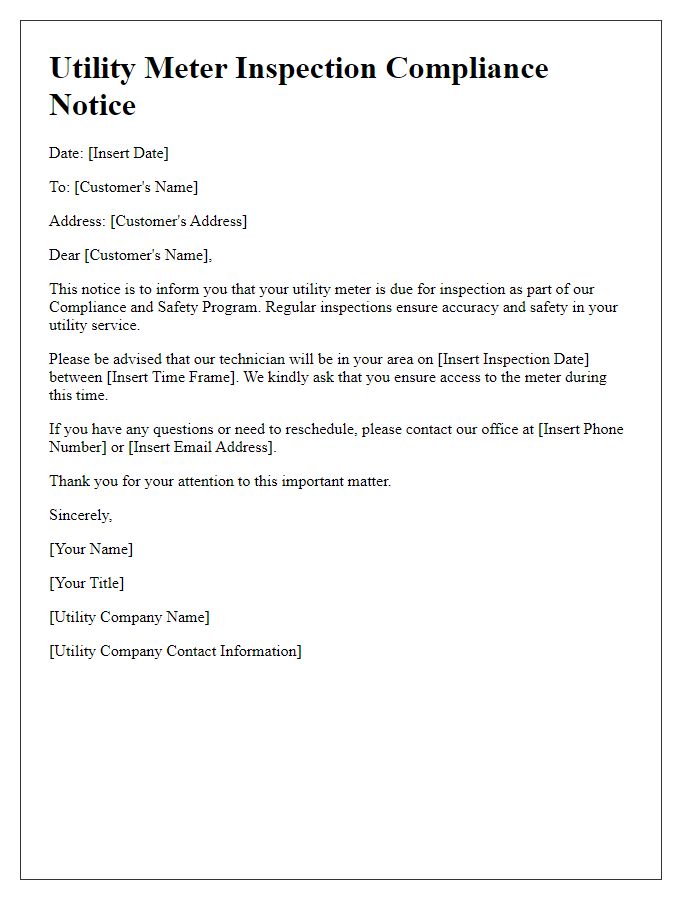 Letter template of utility meter inspection compliance notice