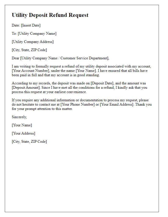 Letter template of notification of utility deposit refund request