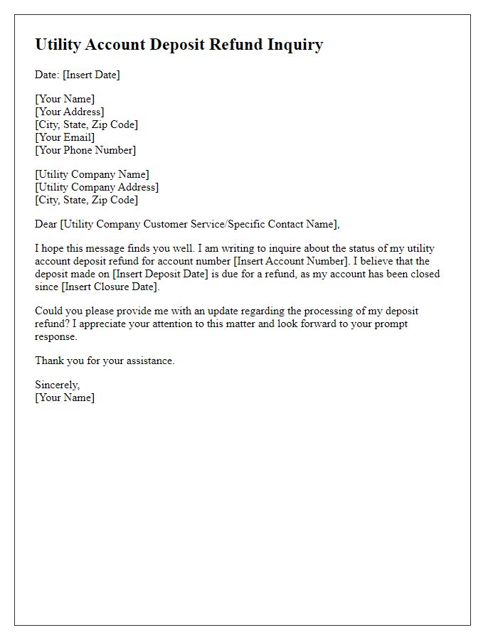 Letter template of utility account deposit refund inquiry