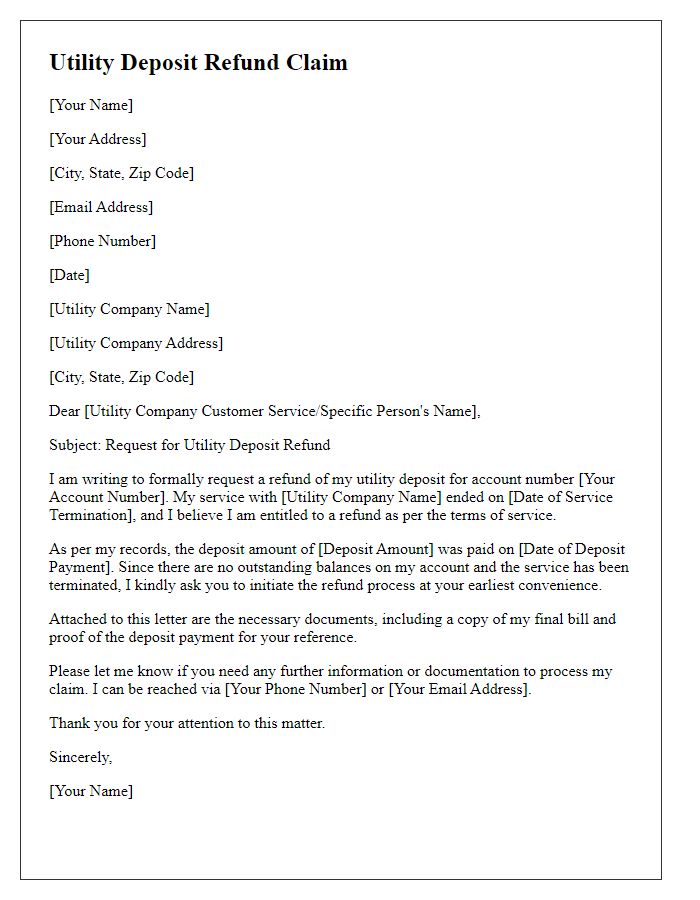 Letter template of utility deposit refund claim