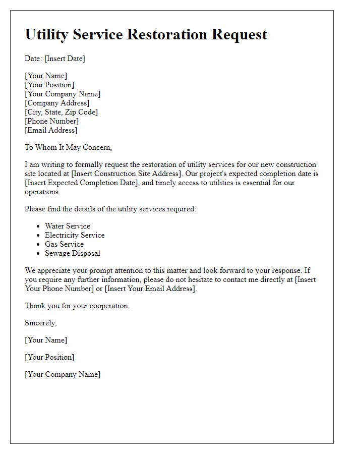 Letter template of utility service restoration request for new construction site.