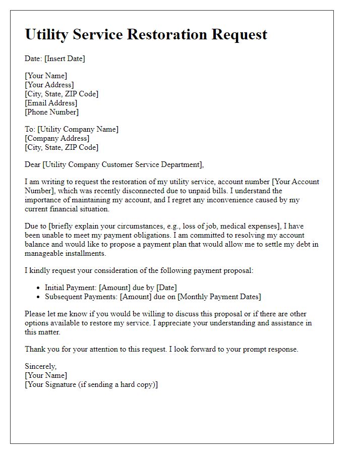 Letter template of utility service restoration request for payment plan consideration.