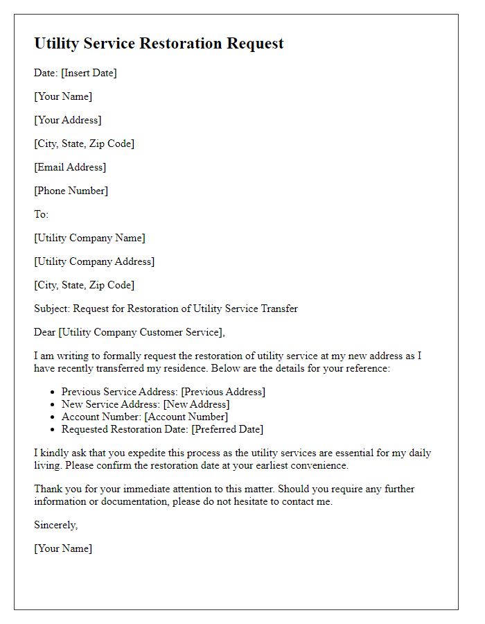 Letter template of utility service restoration request for service transfer.