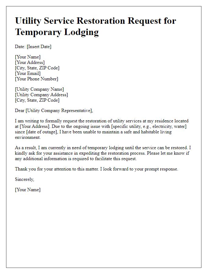 Letter template of utility service restoration request for temporary lodging.