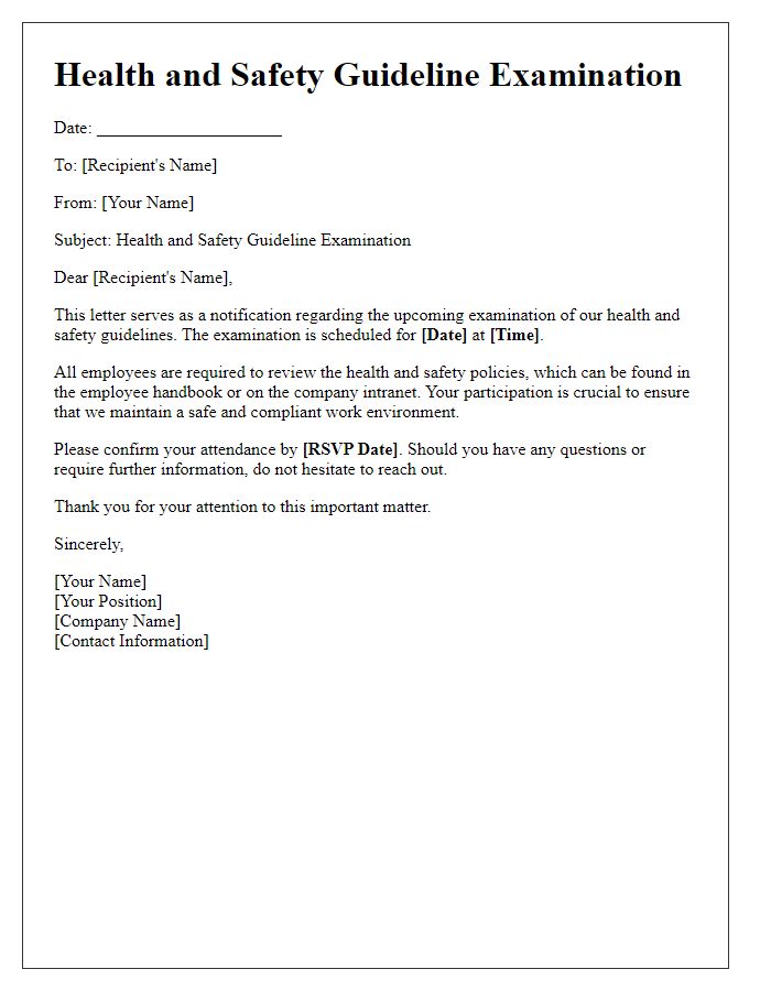 Letter template of health and safety guideline examination