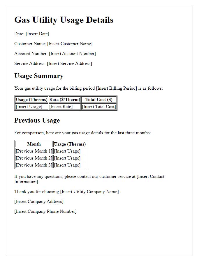 Letter template of gas utility usage details