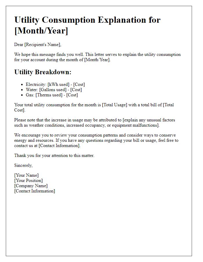 Letter template of monthly utility consumption explanation