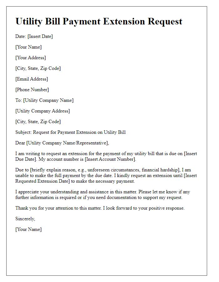Letter template of utility bill payment extension request