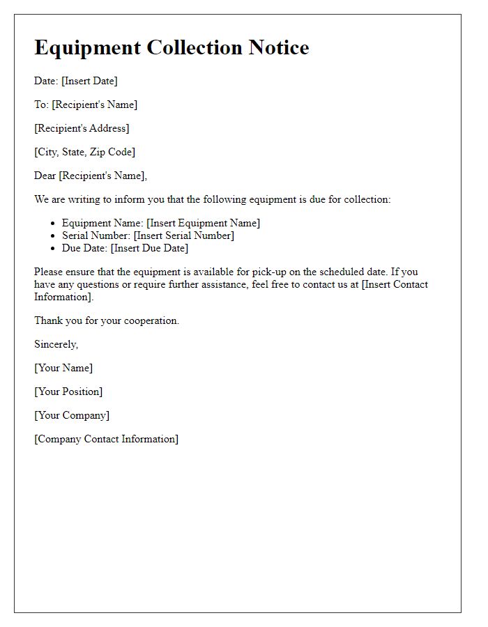 Letter template of Equipment Collection Notice