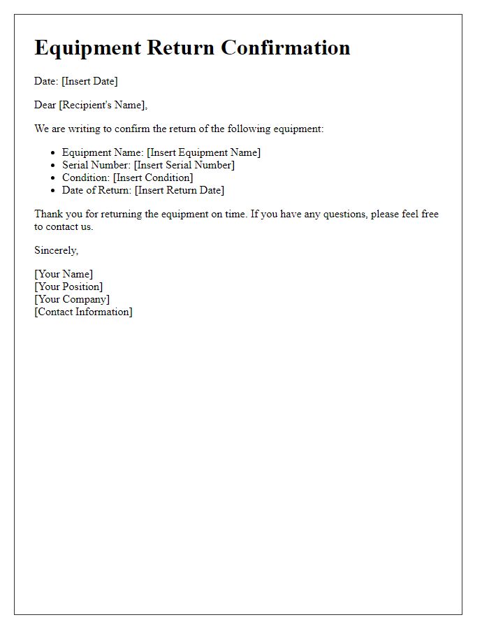 Letter template of Equipment Return Confirmation