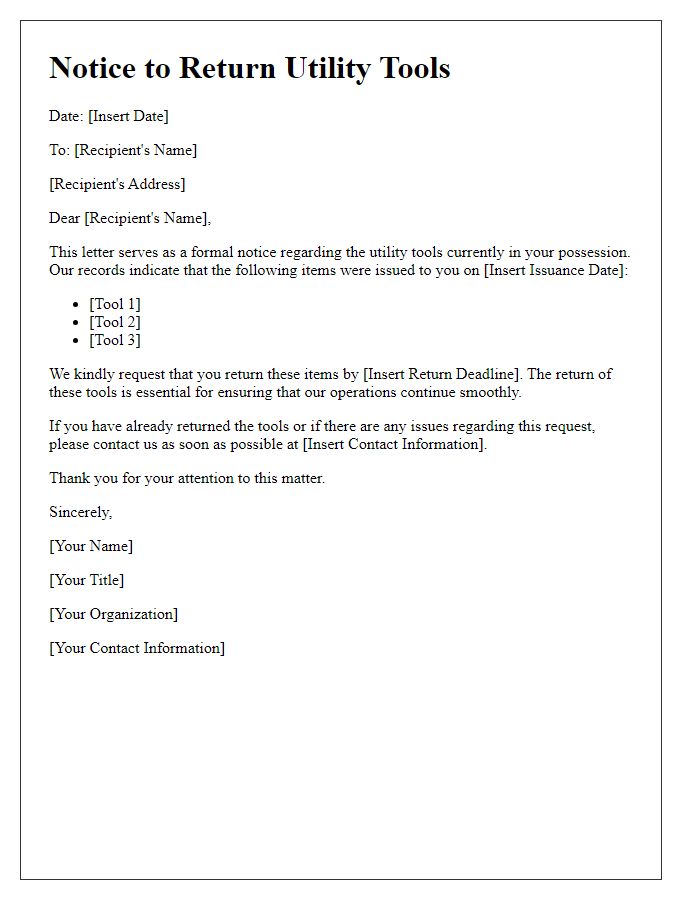 Letter template of Notice to Return Utility Tools