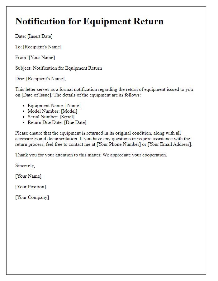 Letter template of Notification for Equipment Return