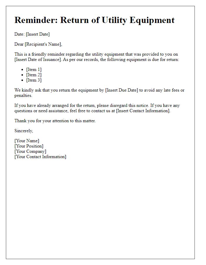 Letter template of Reminder for Utility Equipment Return