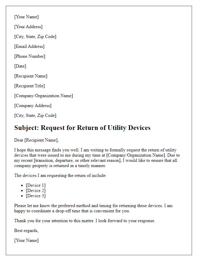 Letter template of Request for Return of Utility Devices