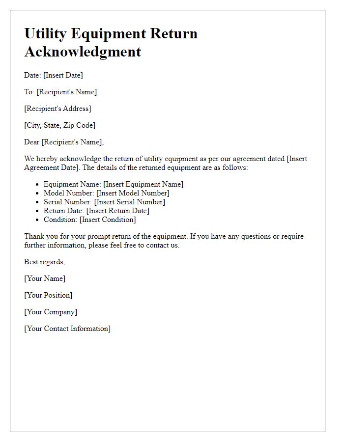 Letter template of Utility Equipment Return Acknowledgment