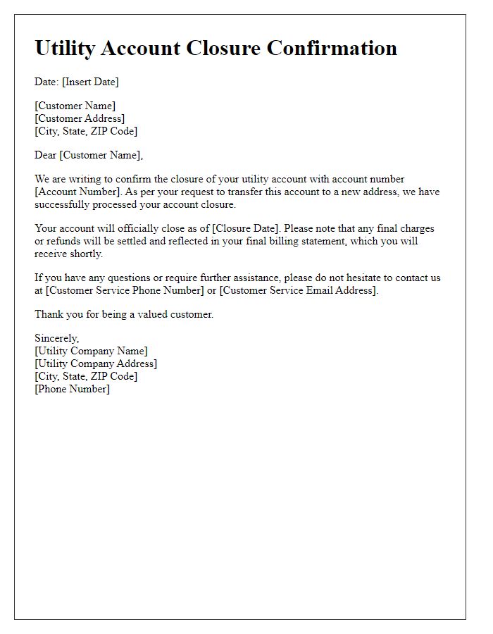 Letter template of Utility Account Closure Confirmation for Account Transfer