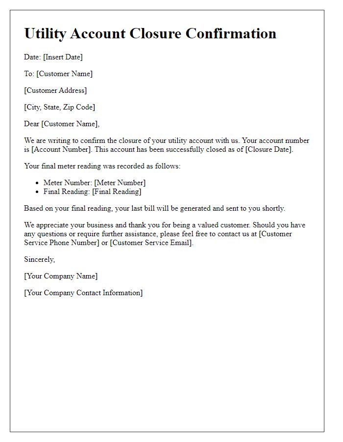 Letter template of Utility Account Closure Confirmation with Final Meter Reading