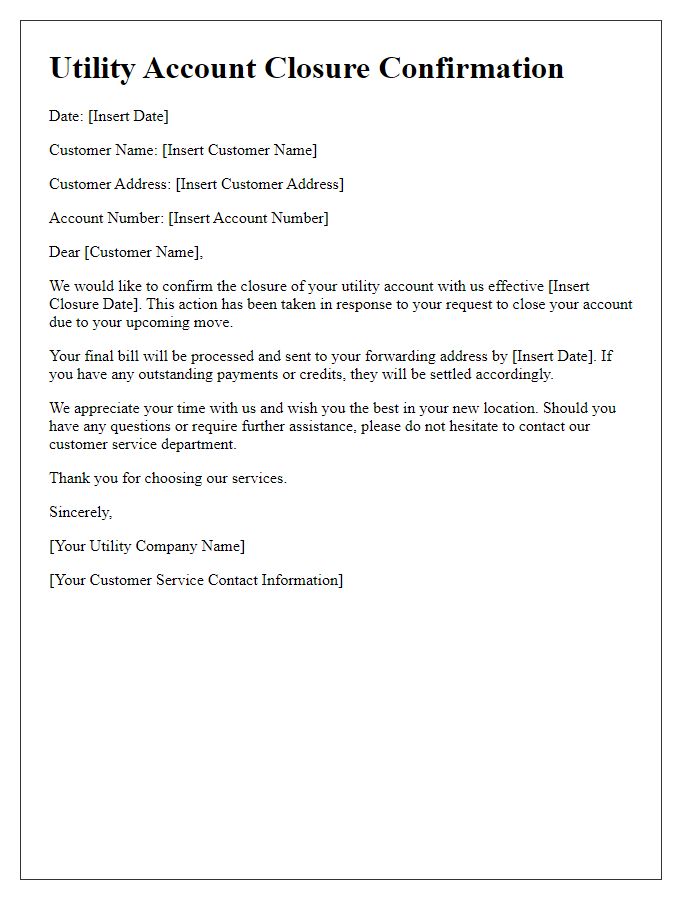 Letter template of Utility Account Closure Confirmation for Moving Customers