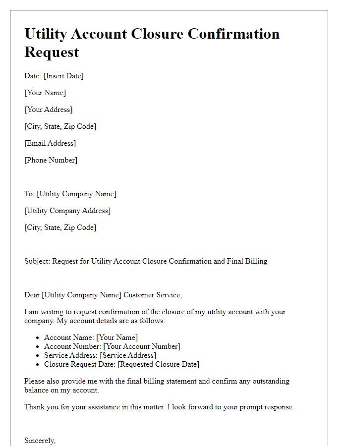 Letter template of Utility Account Closure Confirmation Request for Final Billing