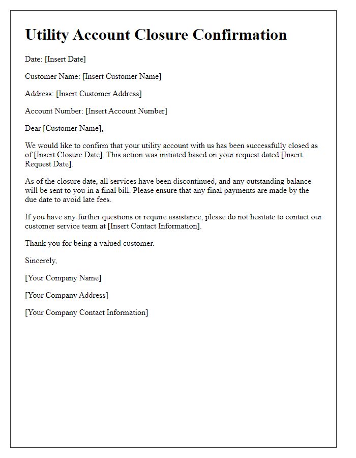 Letter template of Utility Account Closure Confirmation for Residential Customers