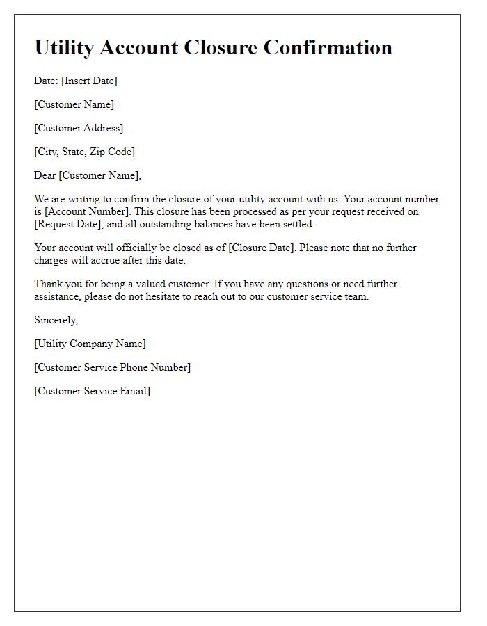 Letter template of Utility Account Closure Confirmation for Service Discontinuation