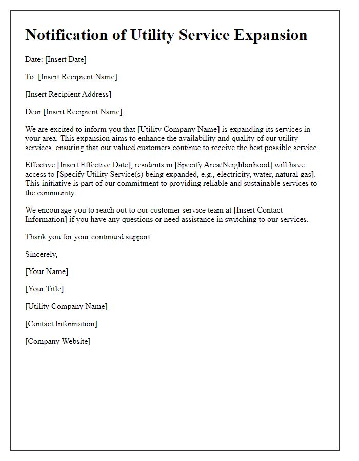 Letter template of utility service availability expansion.