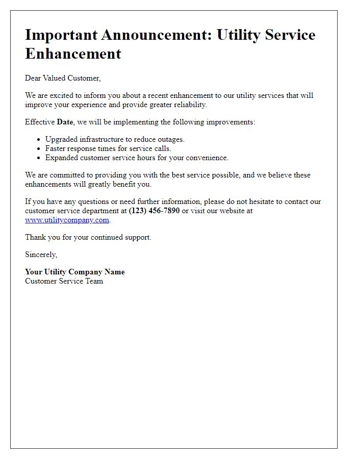 Letter template of utility service enhancement announcement.