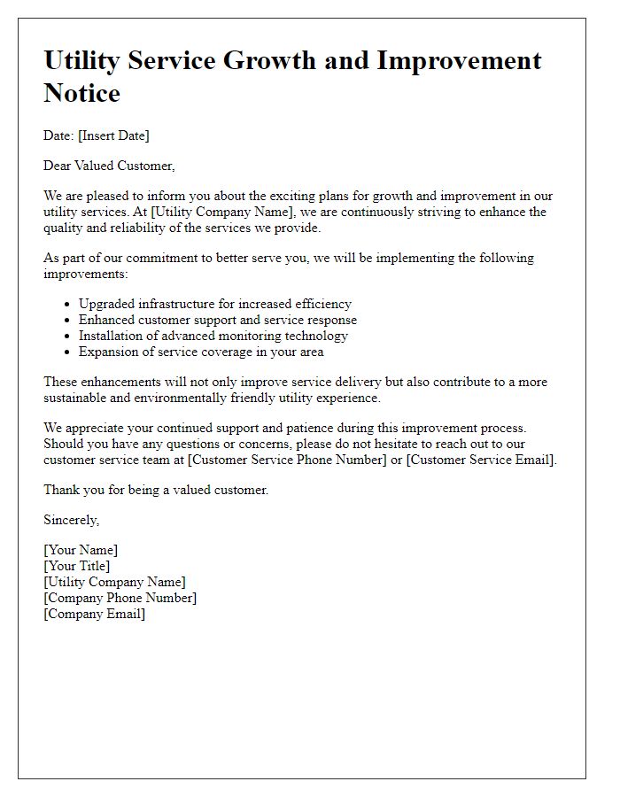 Letter template of utility service growth and improvement notice.