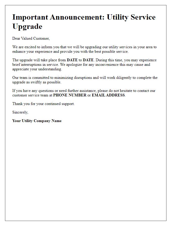 Letter template of utility service upgrade announcement.