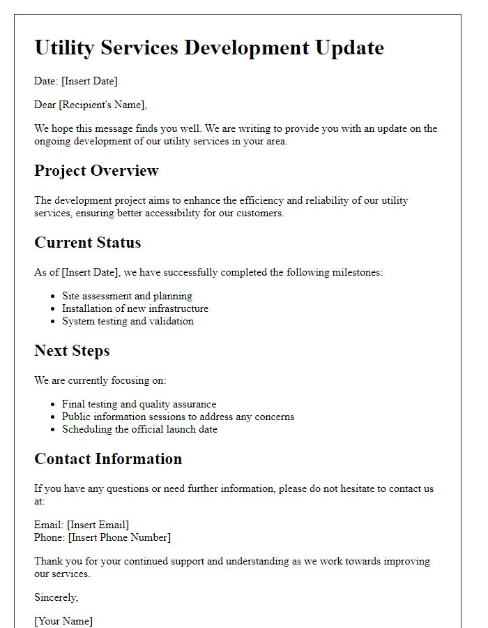 Letter template of utility services development update.