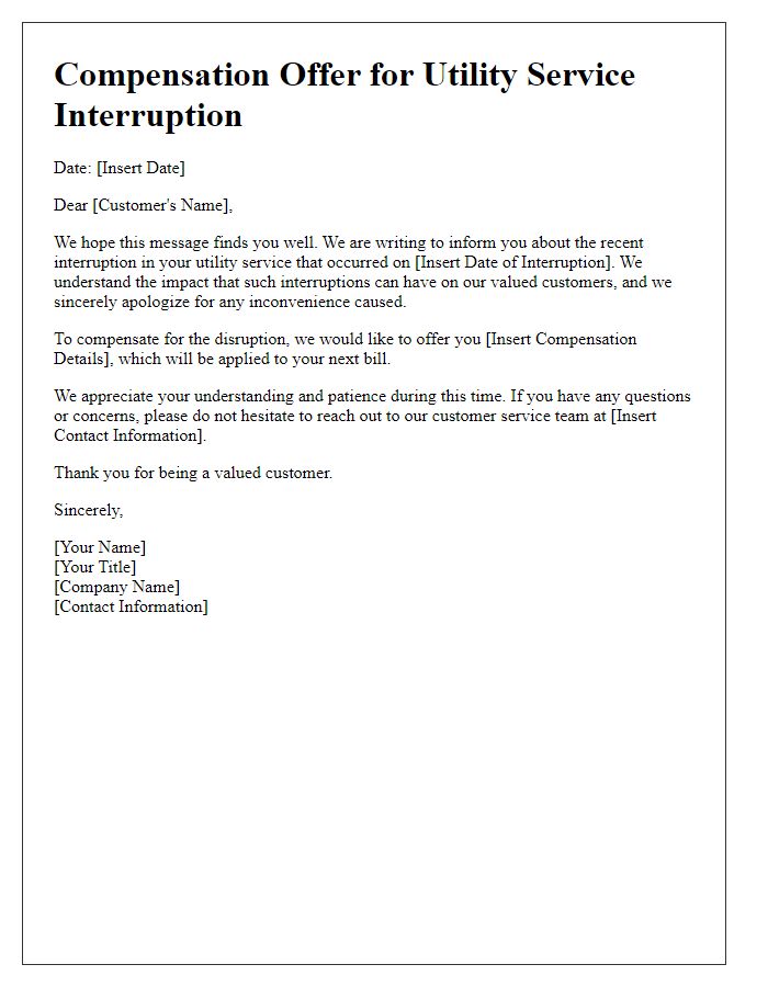 Letter template of compensation offer for utility service interruption.