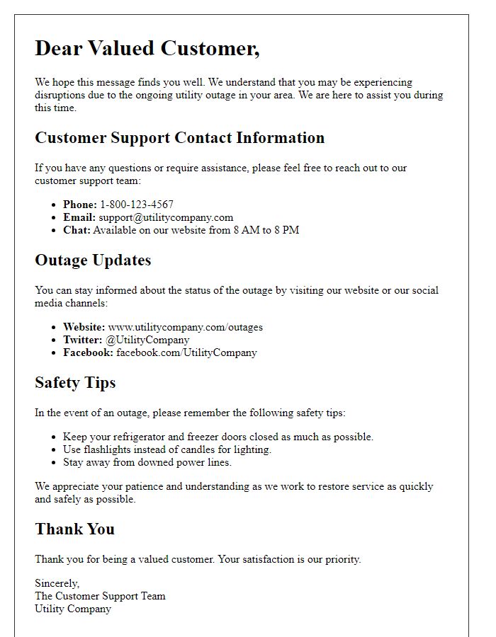 Letter template of customer support information during utility outage.