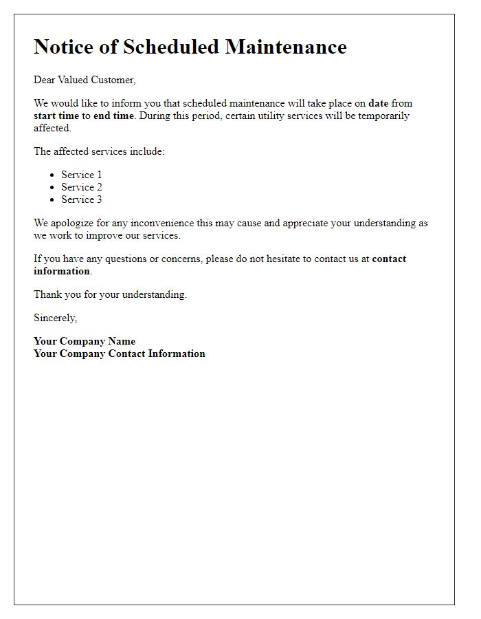 Letter template of scheduled maintenance affecting utility services.