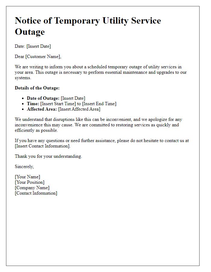 Letter template of temporary utility service outage explanation.