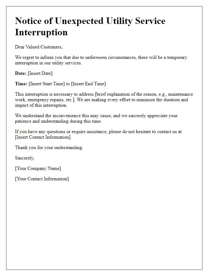 Letter template of unexpected utility service interruption announcement.