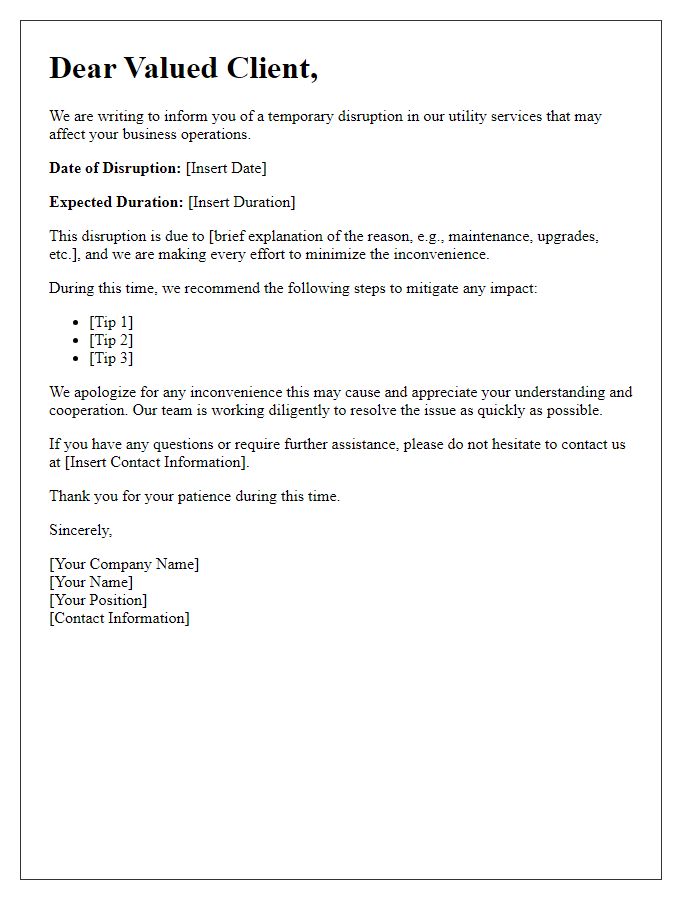 Letter template of utility service disruption update for commercial clients.