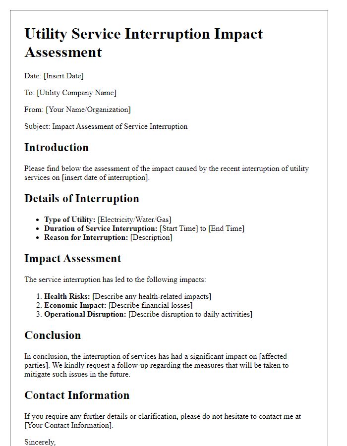 Letter template of utility service interruption impact assessment.