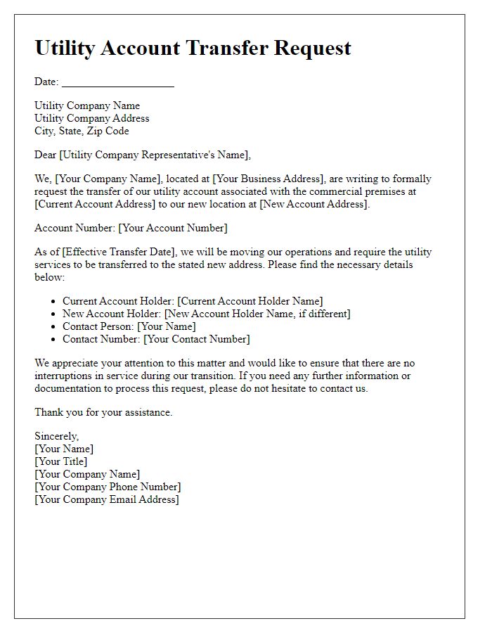 Letter template of utility account transfer request for commercial enterprises.