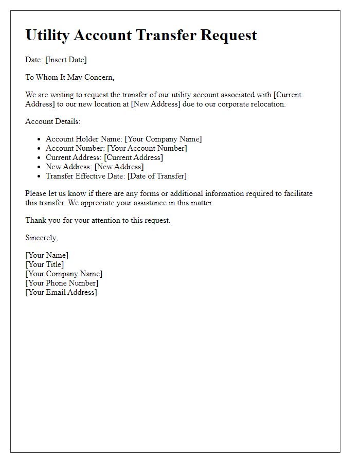 Letter template of utility account transfer request for corporate relocation.