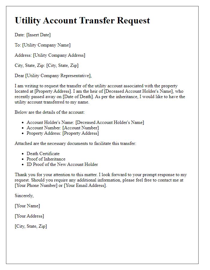 Letter template of utility account transfer request for inherited properties.