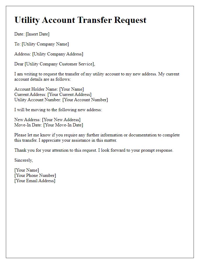 Letter template of utility account transfer request for moving to a new address.