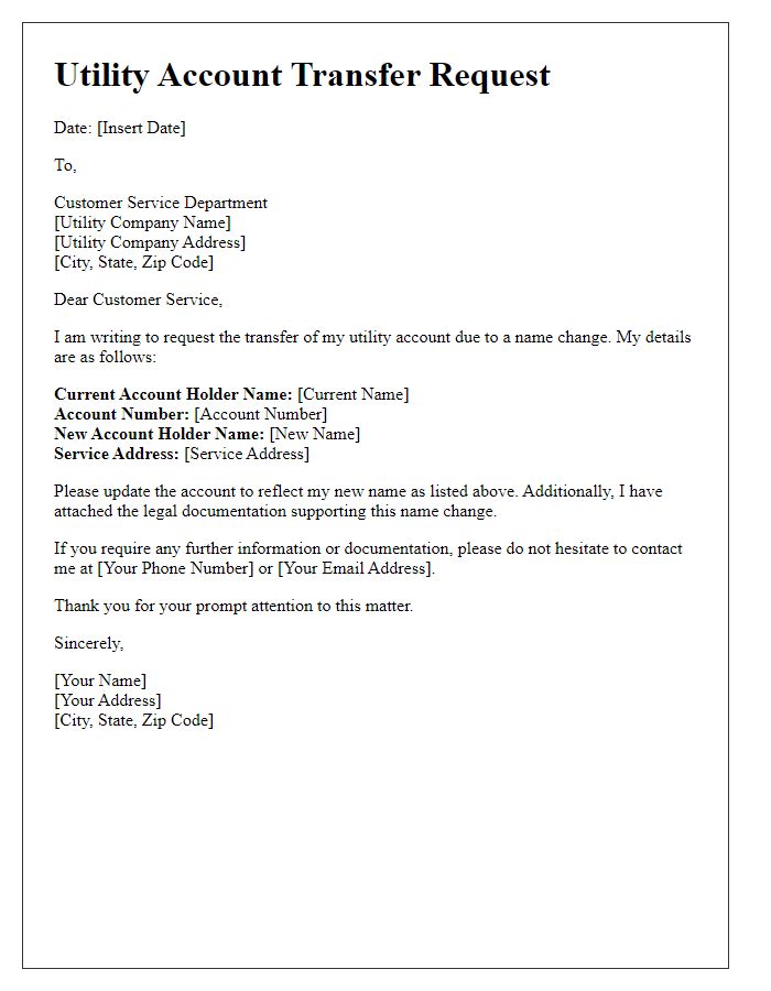 Letter template of utility account transfer request for name changes on an account.