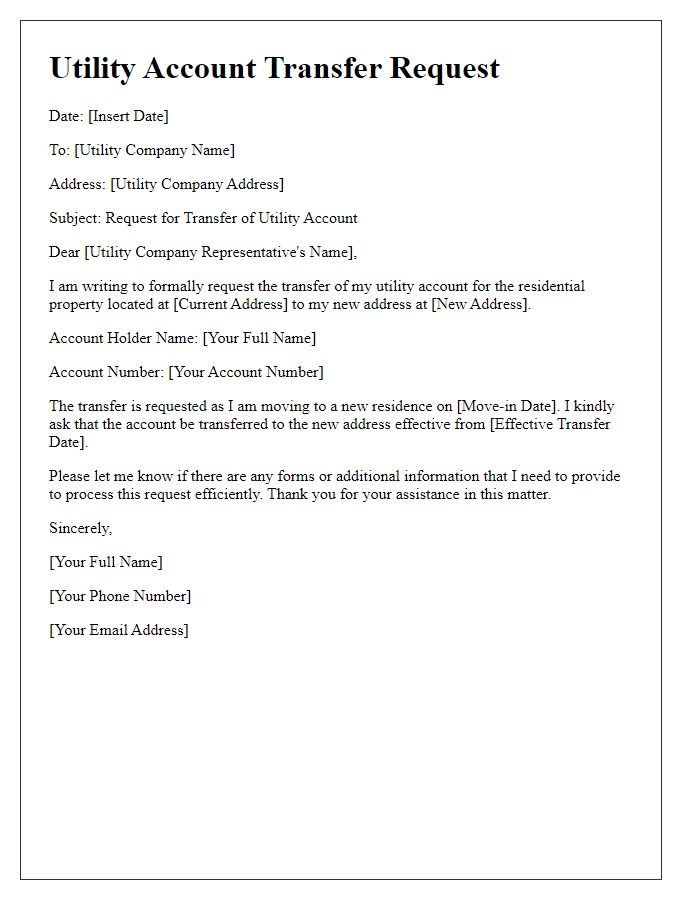 Letter template of utility account transfer request for residential properties.