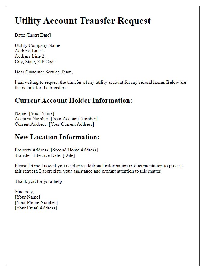 Letter template of utility account transfer request for second homes.