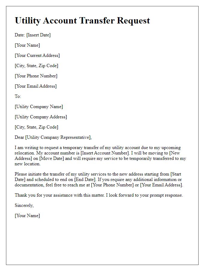 Letter template of utility account transfer request for temporary relocation.