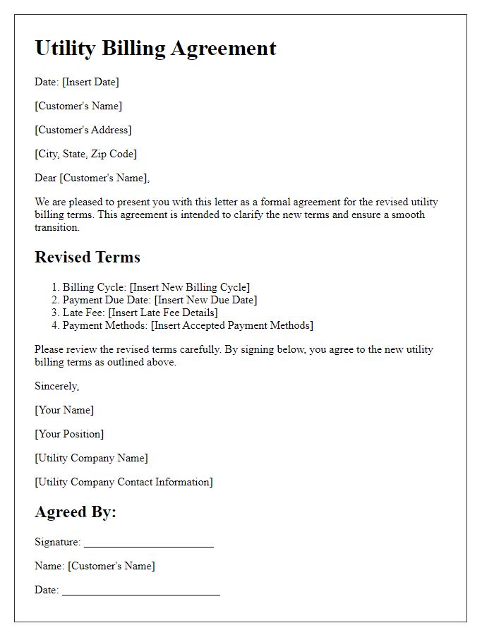 Letter template of agreement for revised utility billing terms