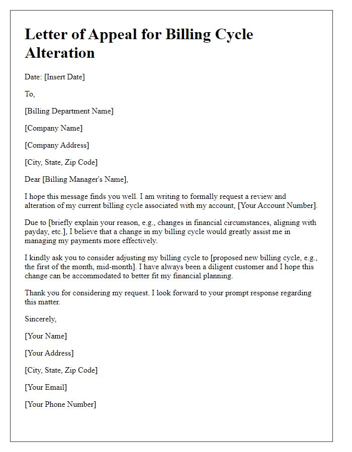 Letter template of appeal for billing cycle alteration