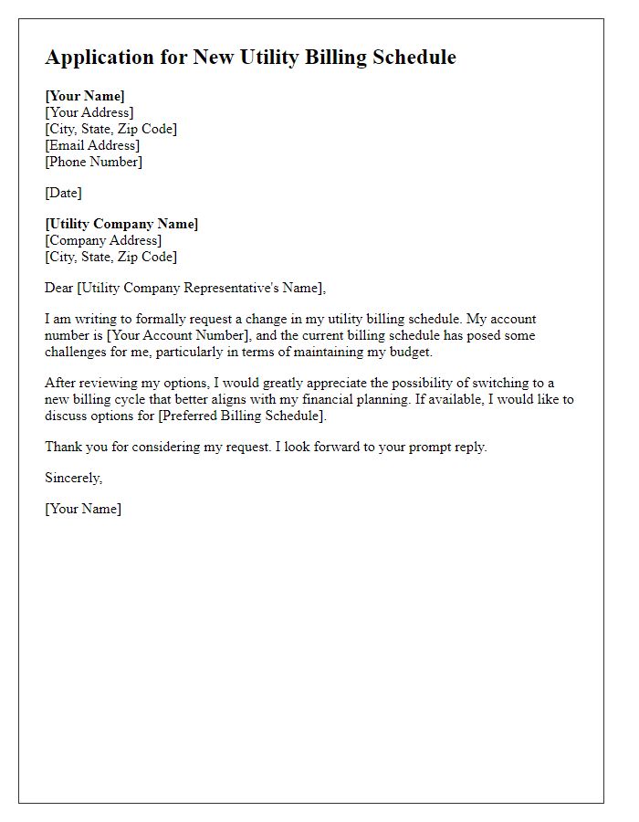 Letter template of application for new utility billing schedule