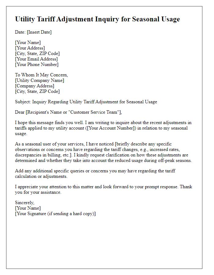 Letter template of utility tariff adjustment inquiry for seasonal usage.