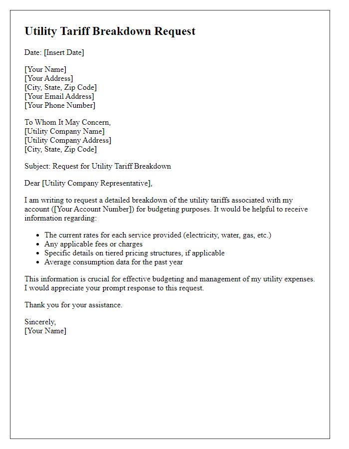 Letter template of utility tariff breakdown request for budgeting purposes.